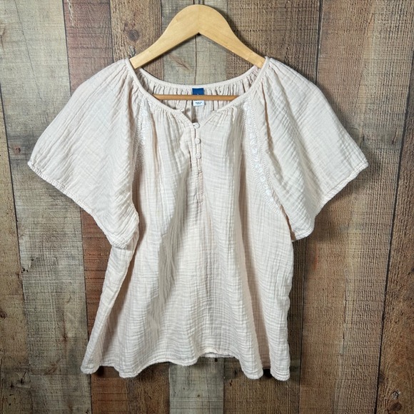 Old Navy Tops - Old Navy Gauze Embroidered Tunic Top Large Short Sleeve Boho Peasant Neutral